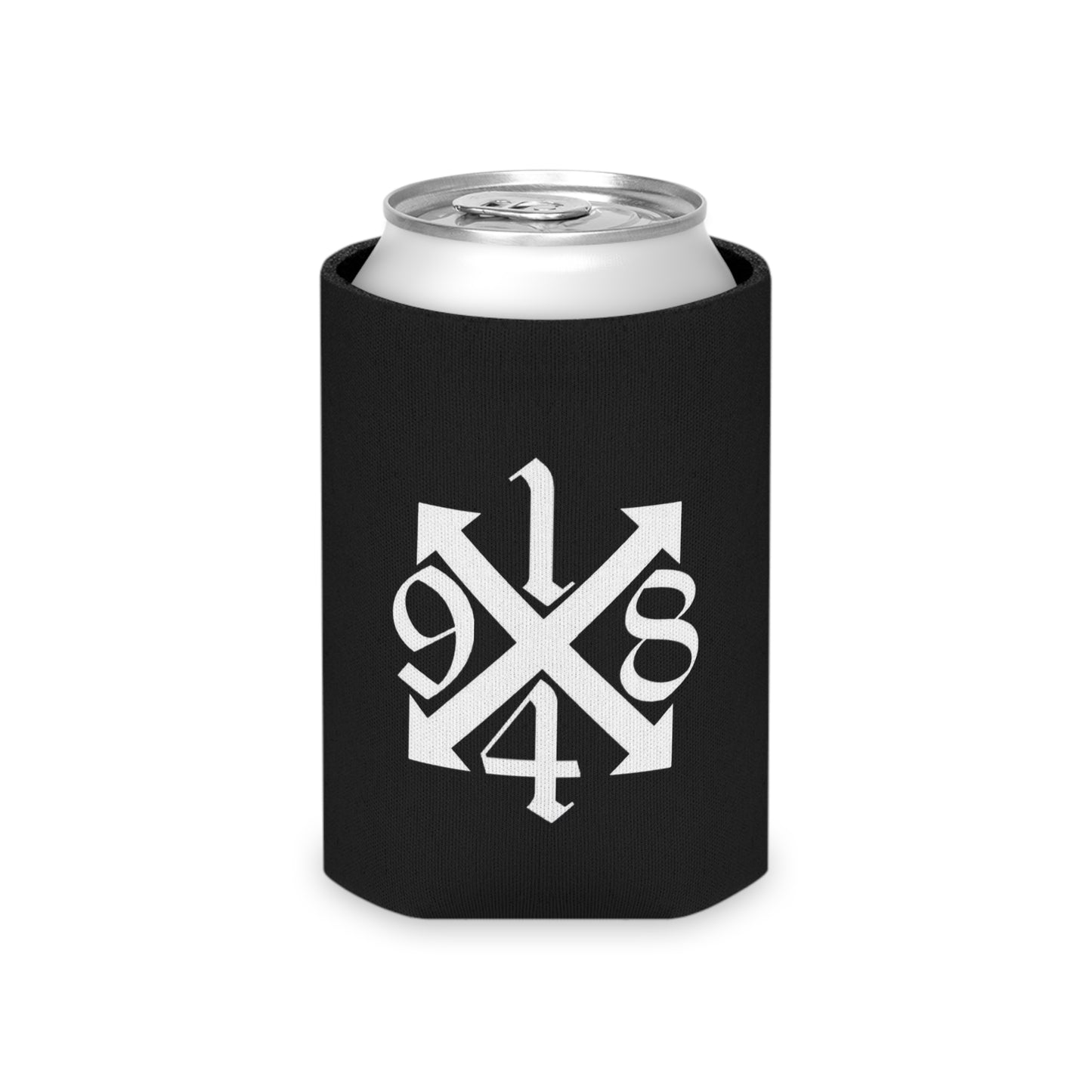 Black Can Cooler with White Metal Band Logo & 1984 Cross Design — Beer Cooler