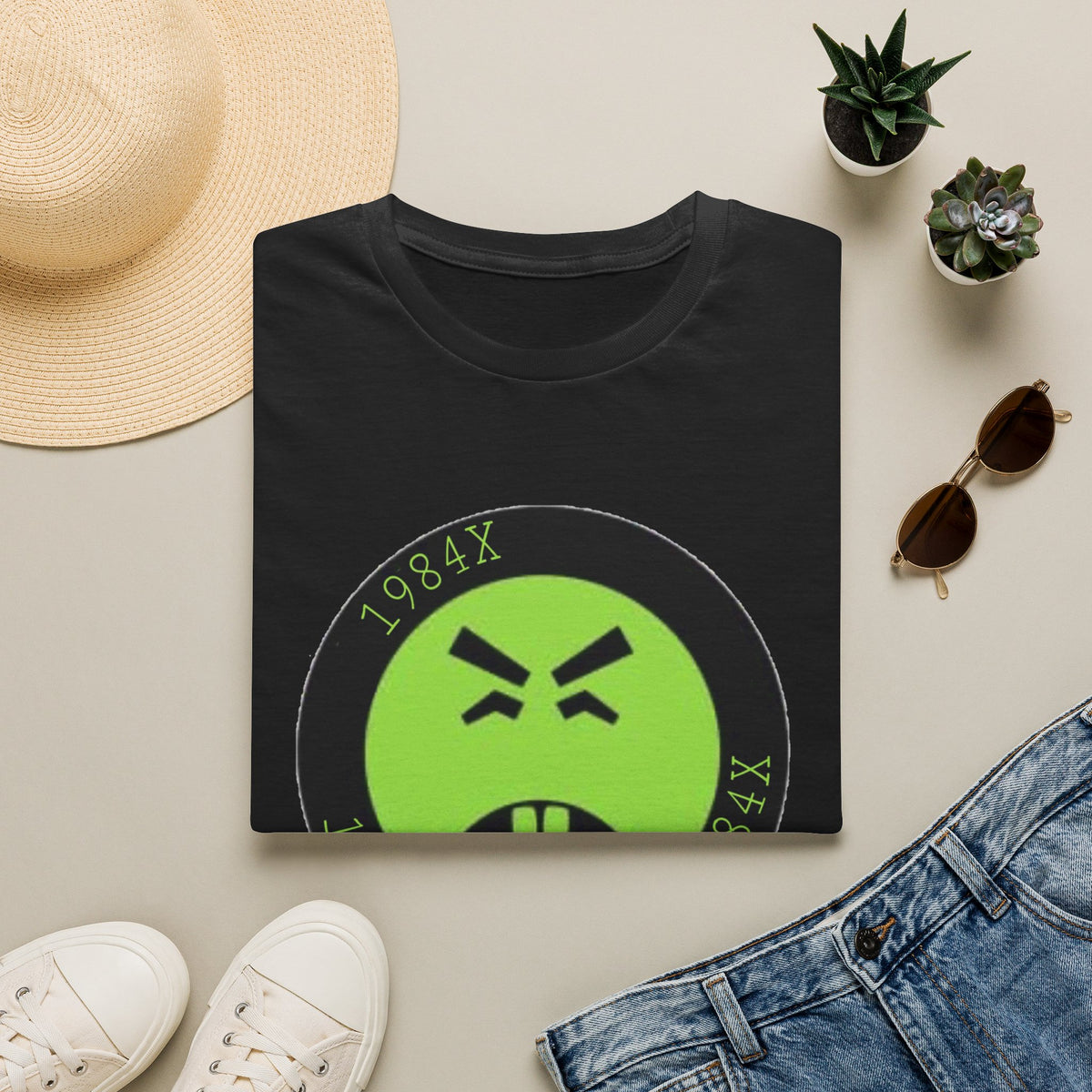 Green Grunge Emoji T-Shirt — 1984X Circular Graphic Tee