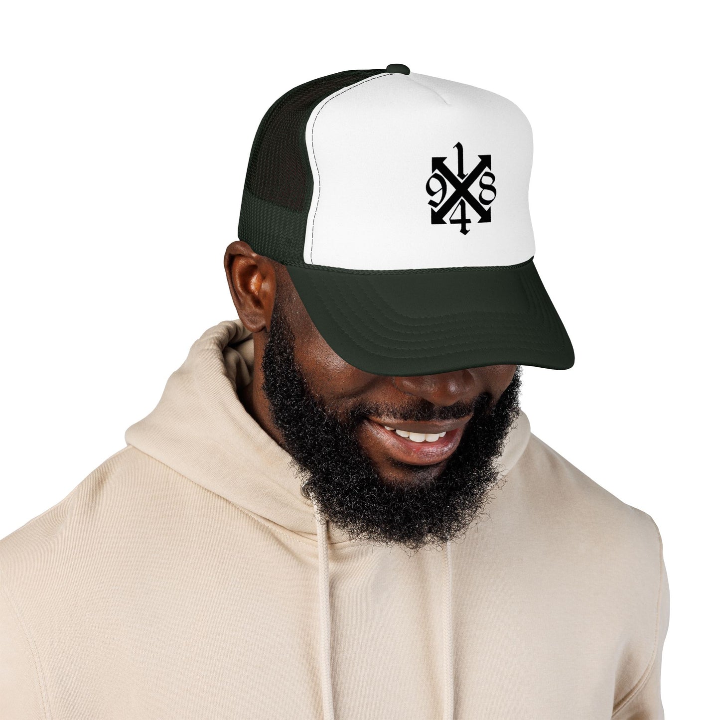 Trucker Hat — Black 9/4s Cross Logo Foam Mesh Cap
