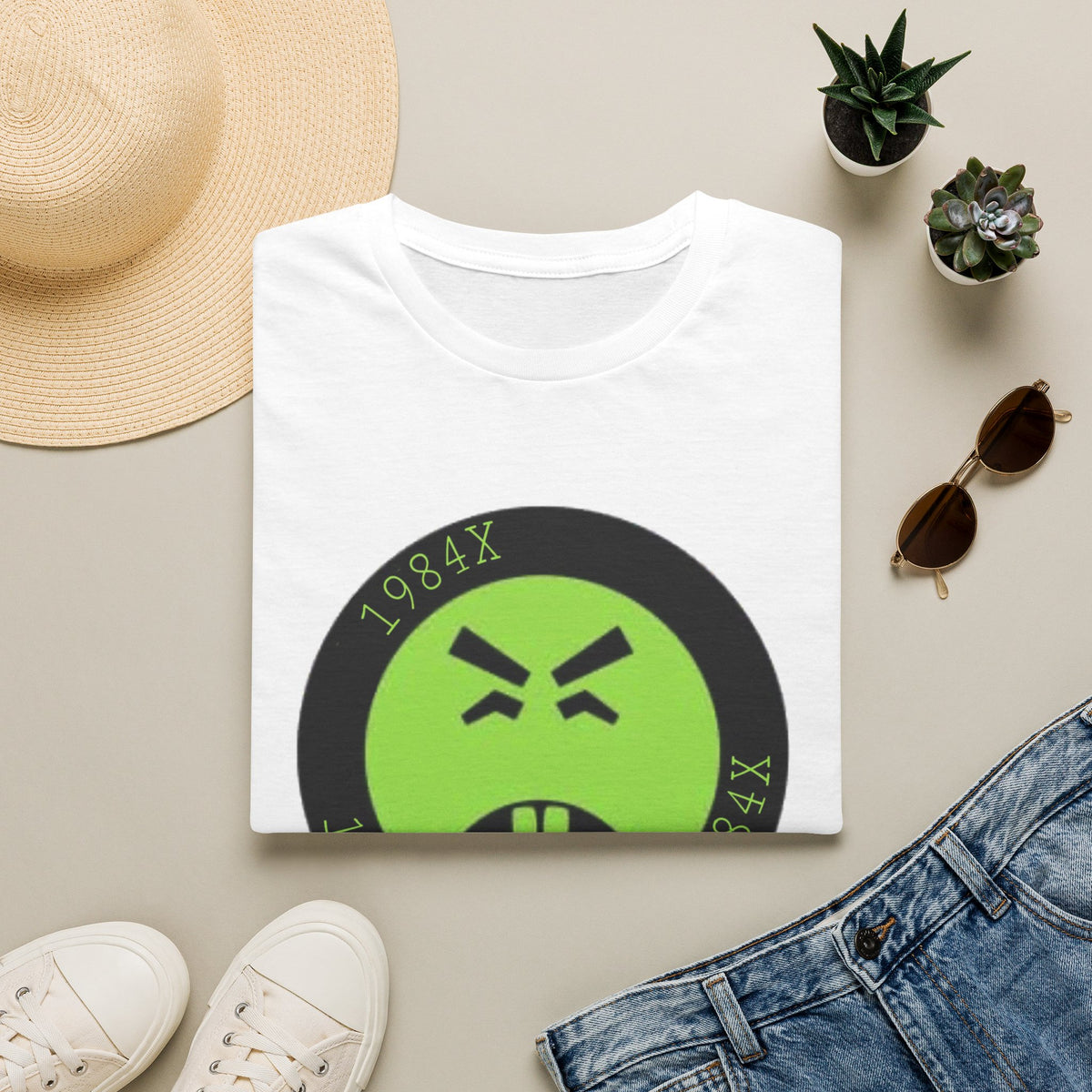 Green Grunge Emoji T-Shirt — 1984X Circular Graphic Tee