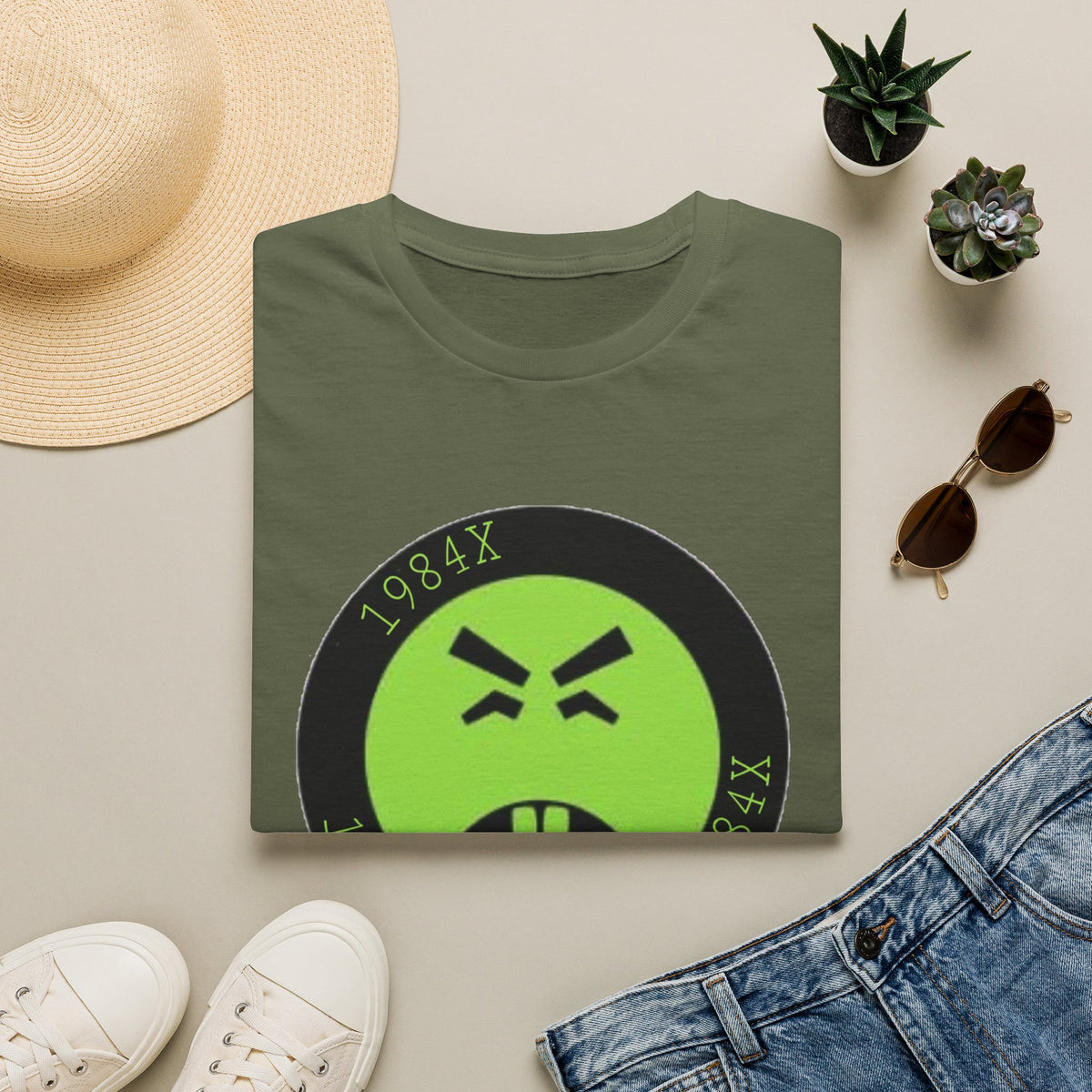 Green Grunge Emoji T-Shirt — 1984X Circular Graphic Tee